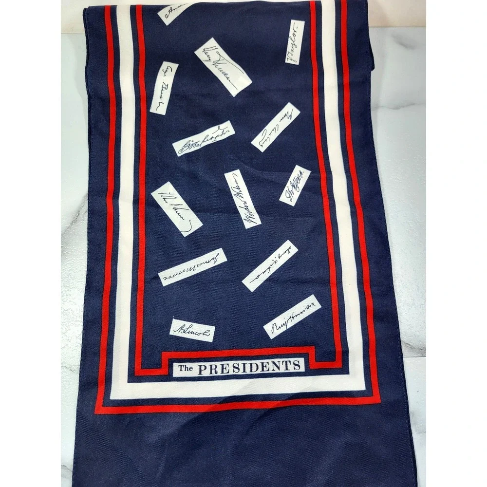 VTG Millicent 'The Presidents' Signature Rectangle Scarf Blue Red/ White Boarder